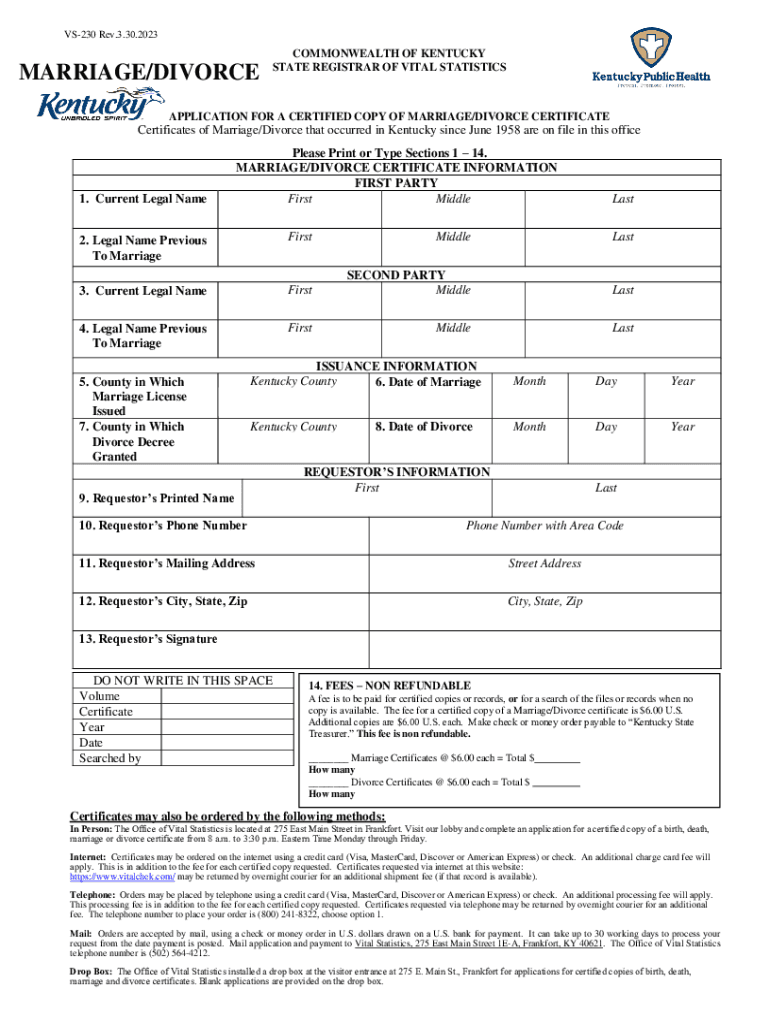  Form VS 230 Application for a Certified Copy of Marriage 2023-2024