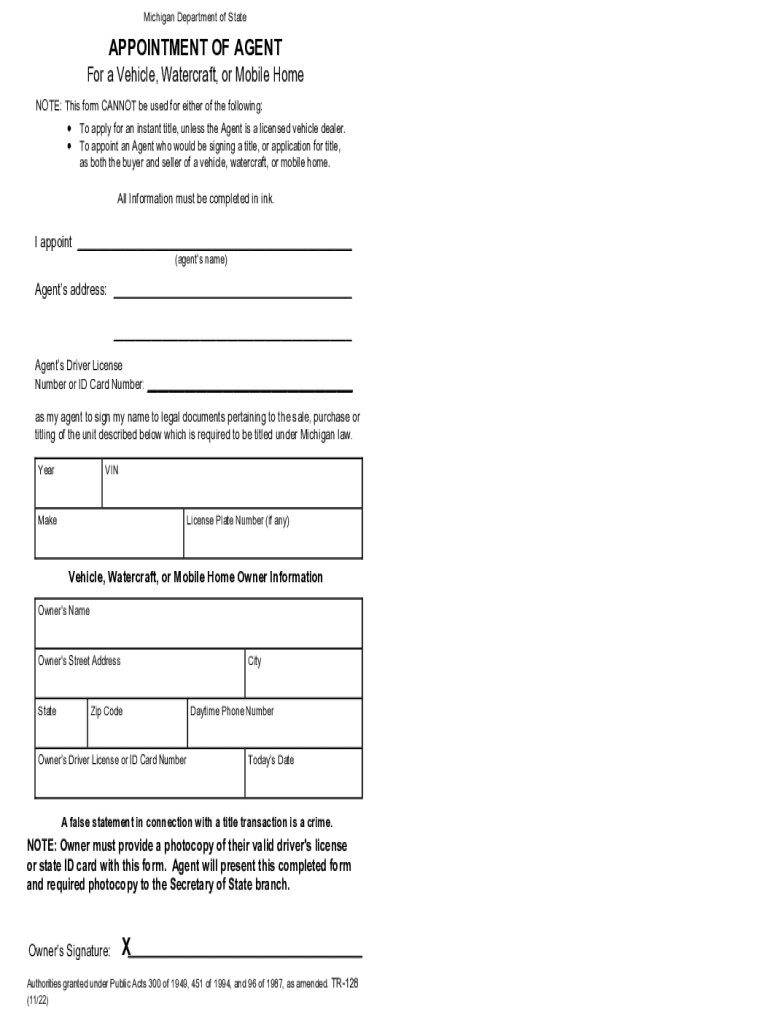  Michigan Motor Vehicle Power of Attorney Form TR 128 2022-2024