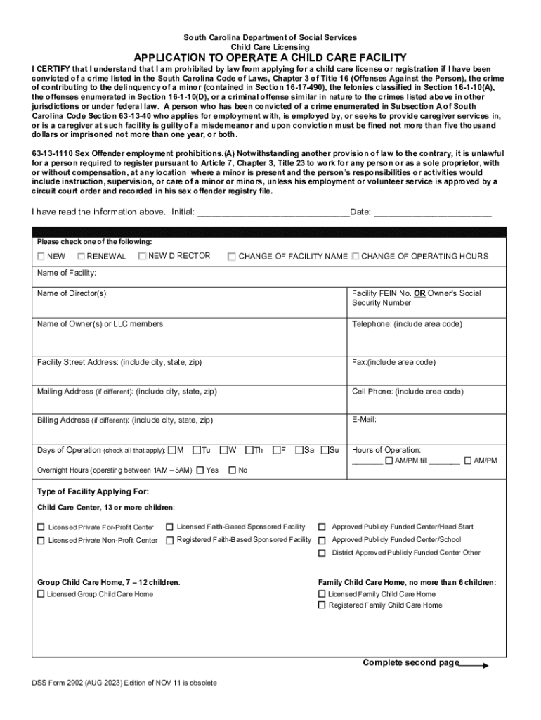 Child Care Licensing SC Child Care Services  Form