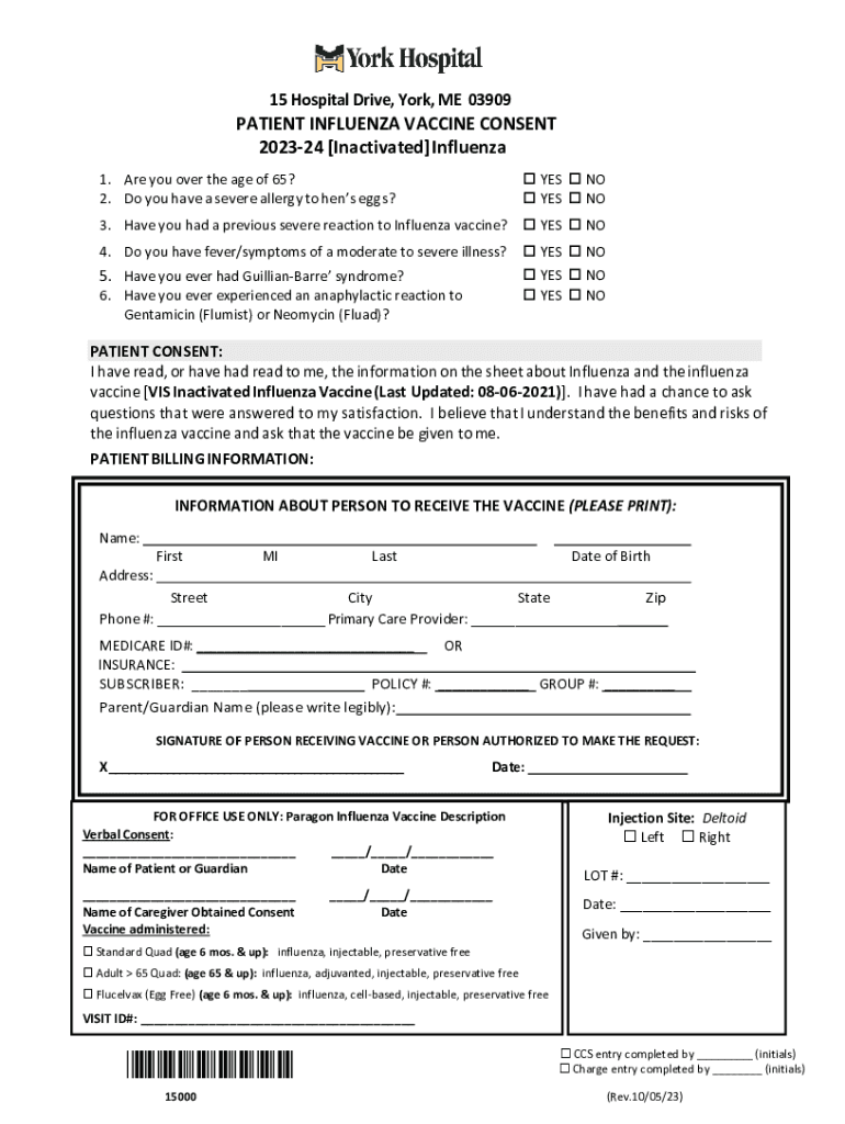 York Hospital PATIENT Influenza Vaccine Consent  Form