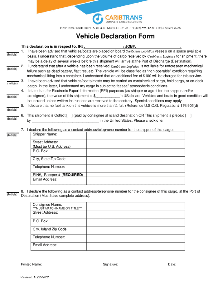  Vehicle Declaration Form Tropical Shipping 2021-2024