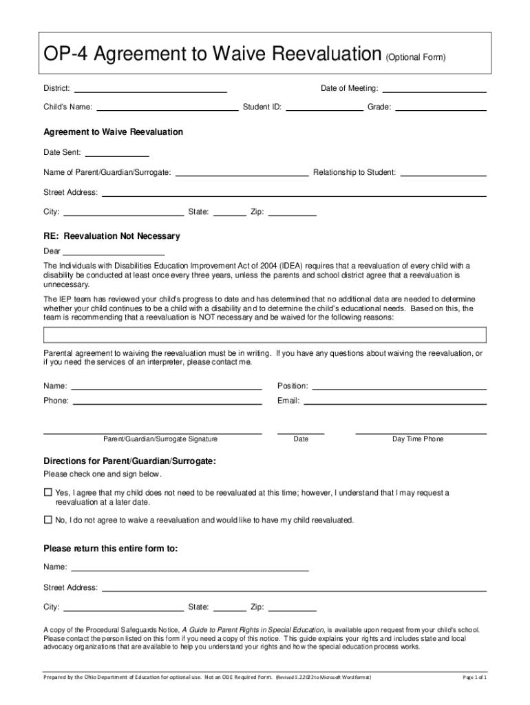  Form OP 4 Agreement to Waive Reevaluation 2022-2024