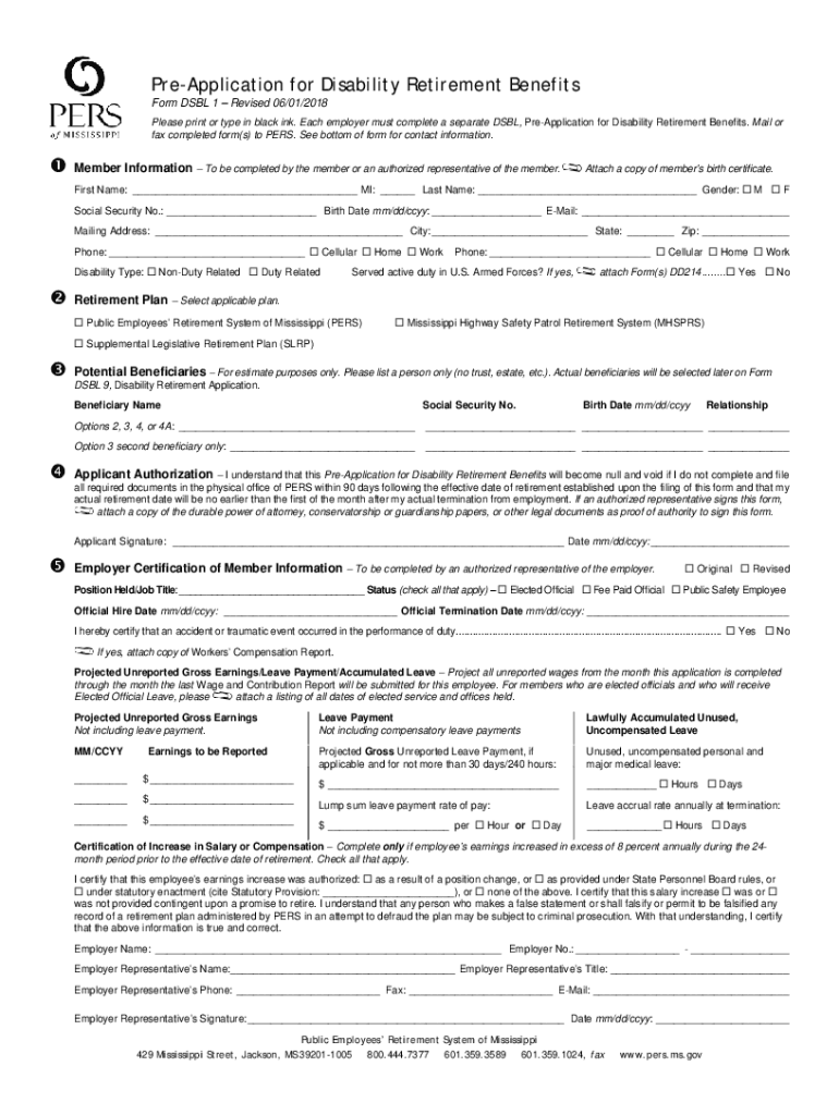  Form DSBL1 Pre Application for Disability Retirement Benefits 2018-2024