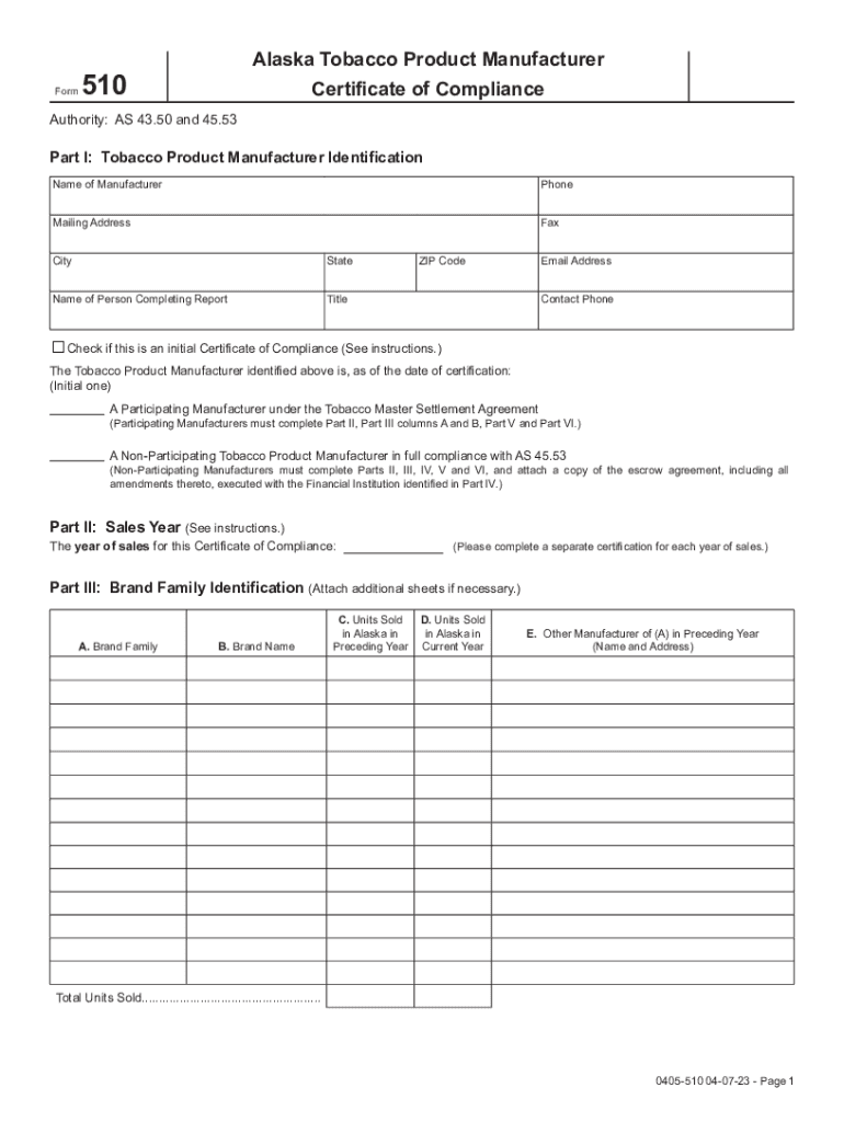  Form Alaska Tobacco Product Manufacturer 510 Certi 2023-2024