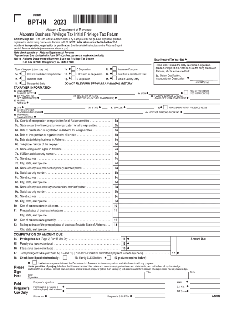  Alabama Business Privilege Tax Initial Return Form 2023-2024