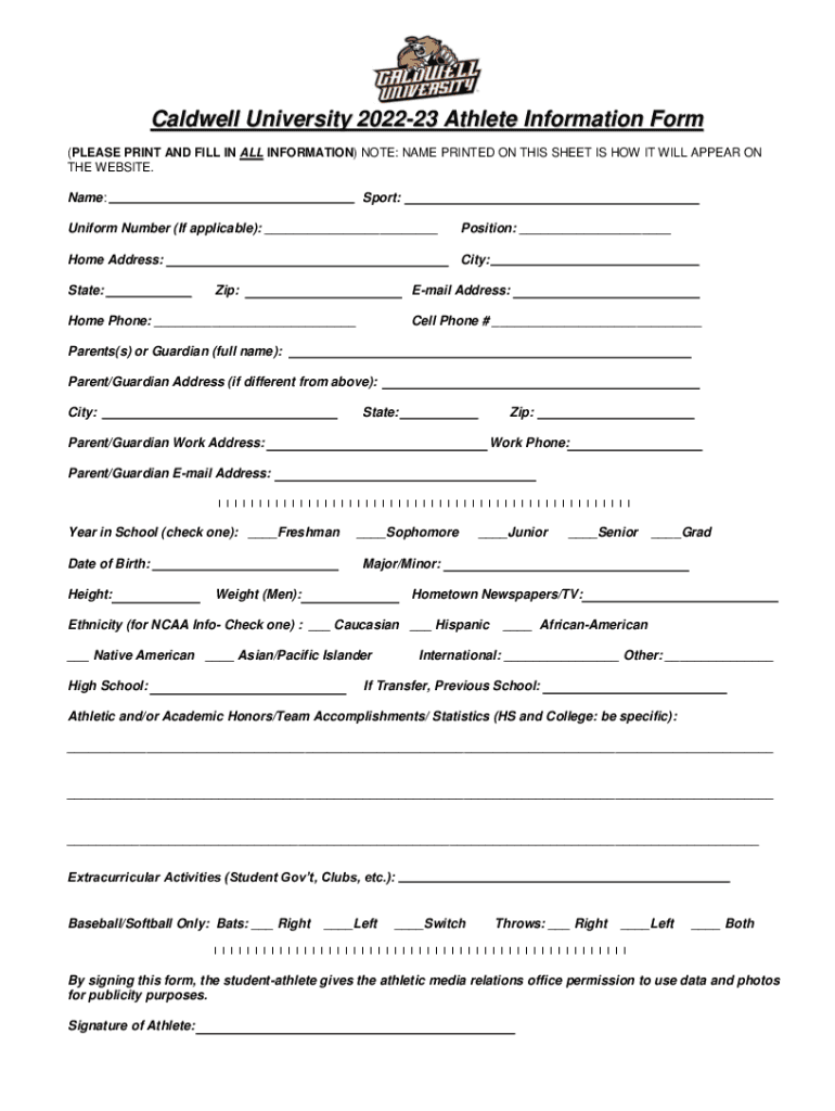 Fillable Online Athlete Information Form Caldwell