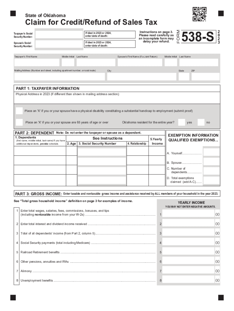  Form 538 S Claim for Credit Refund of Sales Tax 2023-2024