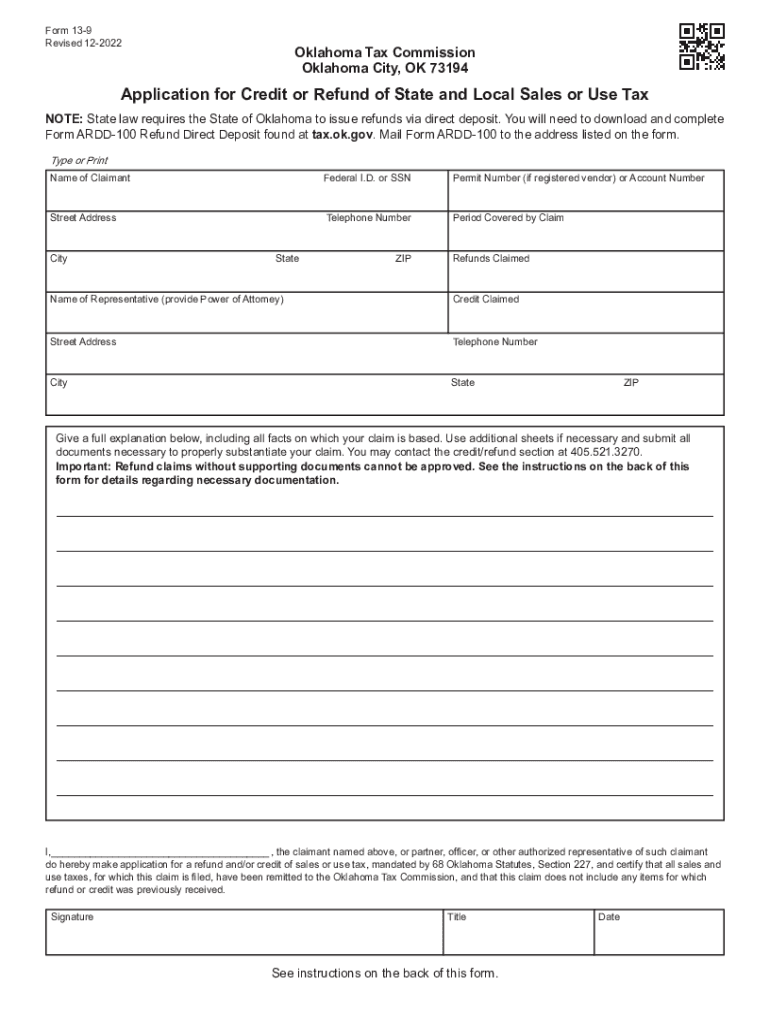  Form 13 9 Application for Credit or Refund of State and Local Sales or Use Tax 2022-2024