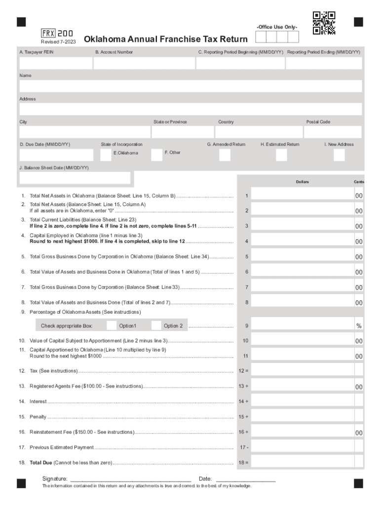  Oklahoma Annual Franchise Tax Return Instruction Sheet 2023-2024
