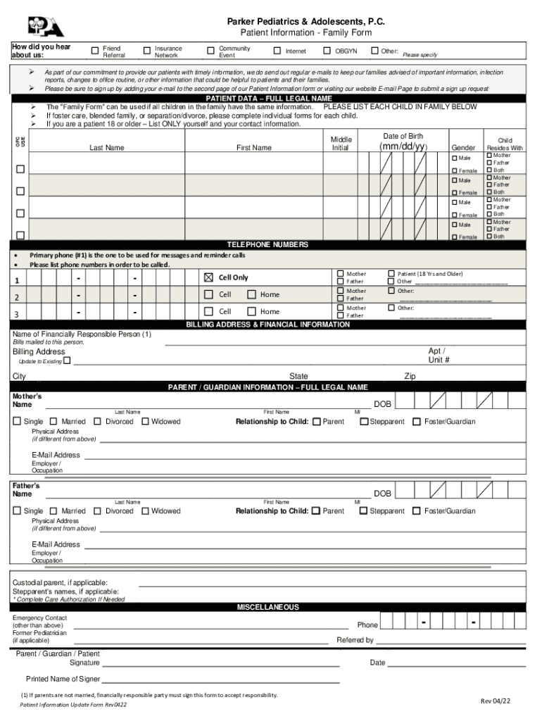  Parker Pediatrics &amp; Adolescents, P C Patient Info 2022-2024