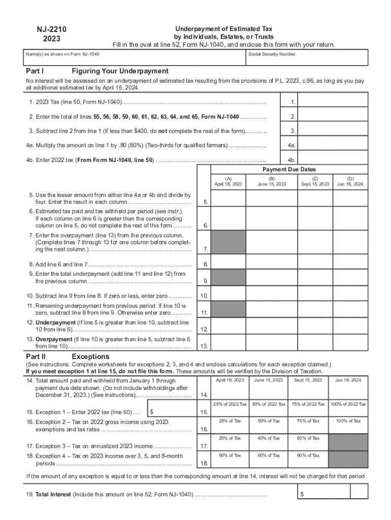 NJ 2210 Underpayment of Estimated Tax by Individuals, Estates, or Trusts  Form