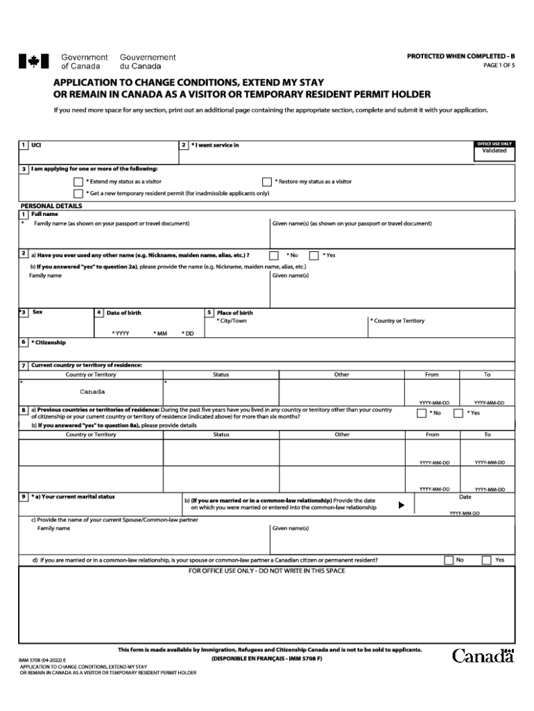 IMM 5708 E Application to Change Conditions, Extend My Stay or Remain in Canada as a Visitor or Temporary Resident Permit Holder  Form