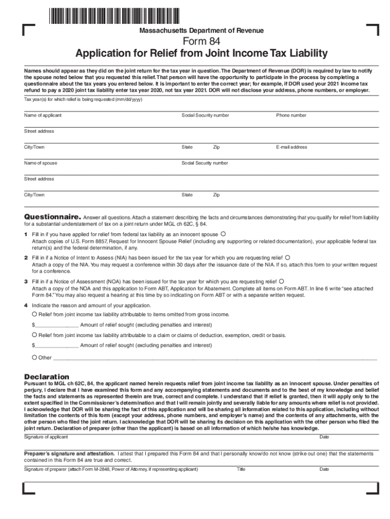 Massachusetts Department of Revenue Form 84 Applic