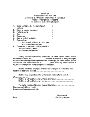 Form 27 Certificate of Fitness Rule 95