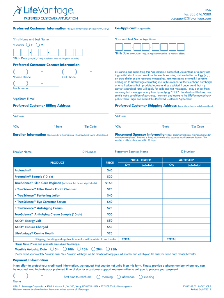 Preferred Customer Enrollment Form  LifeVantage