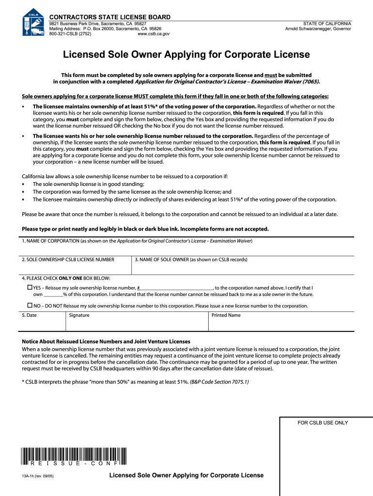  Licensed Sole Owner Applying for Corporate License 2005