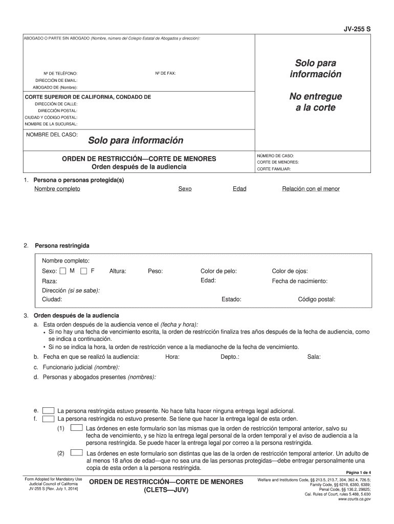  JV 255 S Restraining OrderJuvenile Spanish Judicial Council Forms  Courts Ca 2014