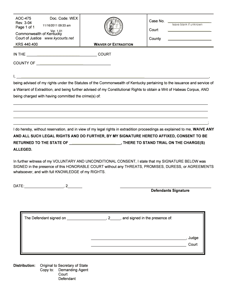  P Revised Forms AOC 475 Wpd  Kentucky Court of Justice  Courts Ky 2011