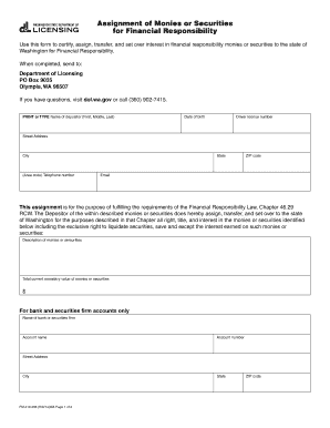 Assignment of Monies or Securities for Financial Responsibility Dol Wa  Form