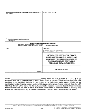  MOTION for PROTECTIVE ORDER PURSUANT to 11 USC 107 Cacb Uscourts 2014-2024