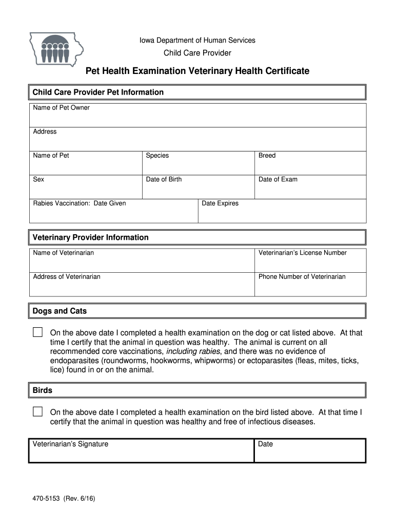 Pet Health Examination Veterinary Health Certificate  Form