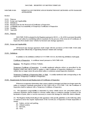 540 CMR 19 Removal of Certificate of Inspection by Licensed Auto Damage Appraisers Mass  Form