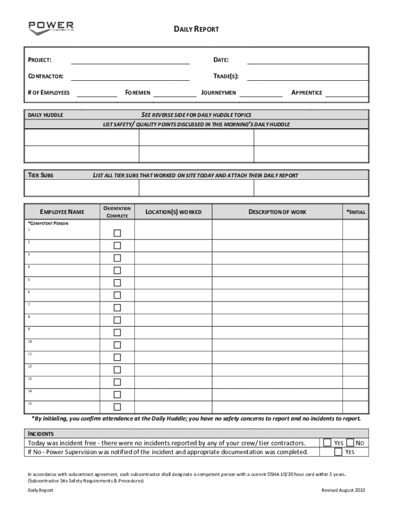 Daily Report and Huddle Power Construction Powerconstruction  Form