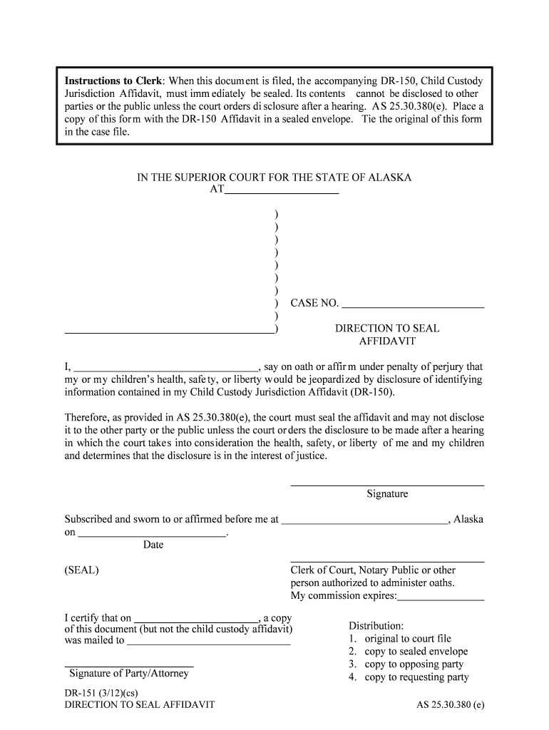 DR 151 Direction to Seal Affidavit 312 PDF Fill in Domestic Relations Forms