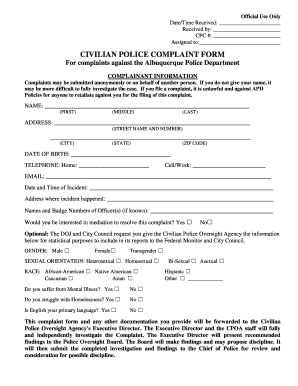 Printable Police Misconduct Complaint Form to Mail or Fax, English Cabq
