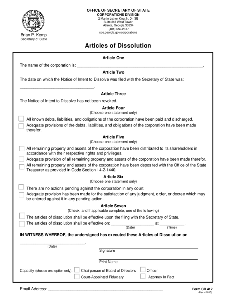 Articles of Dissolution, Profit Corporation CD 412 Georgia Sos Ga  Form