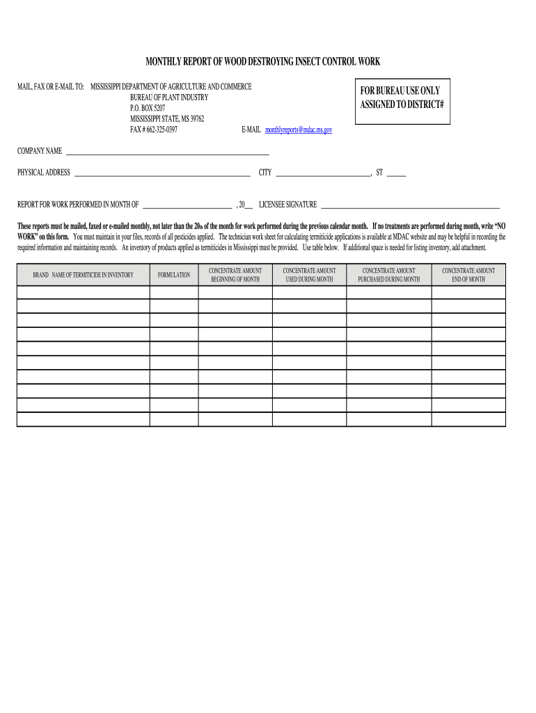Monthly Report of Wood Destroying Insect Control Work  Mdac Ms  Form