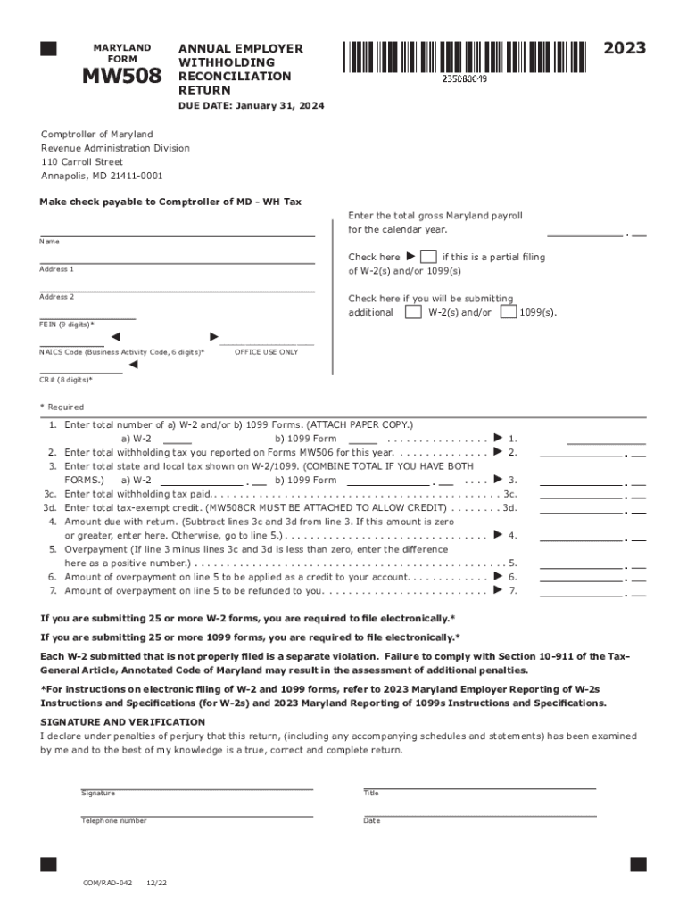  Tax Year Form MW508 Annual Employer Withholding Reconciliation Return 2022