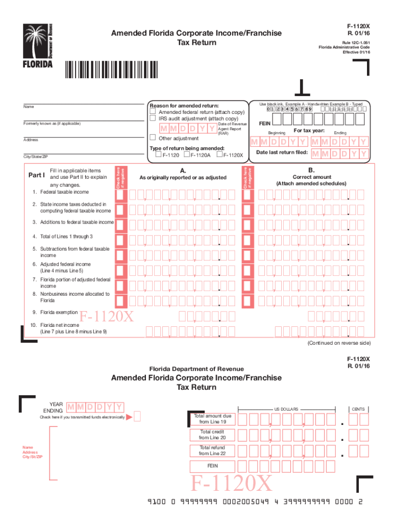  F 1120X R 0116 Amended Florida Corporate Income 2016