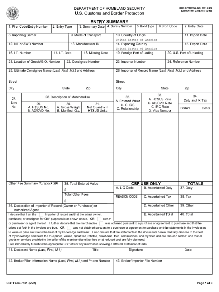 Entry Summary Form 7501