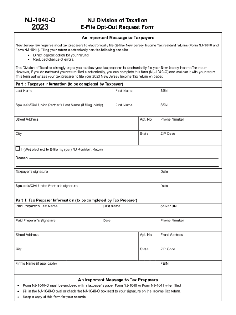  NJ 1040 O E File Opt Out Request Form NJ 1040 O E File Opt Out Request Form 2022-2024