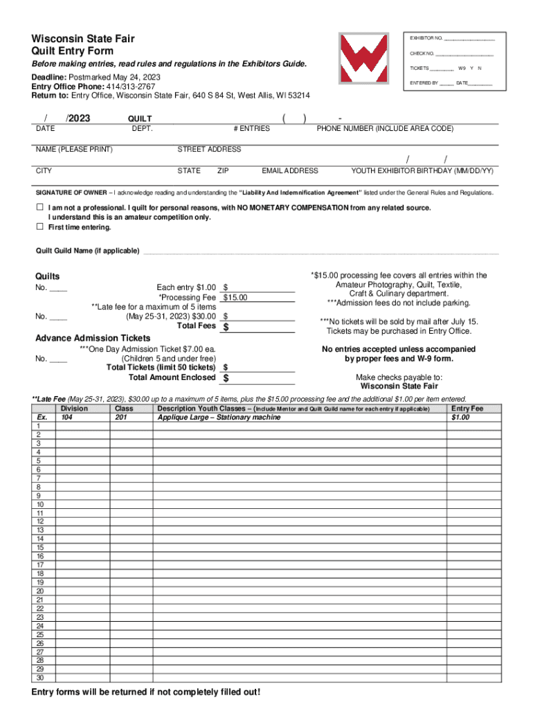  Wisconsin State Fair Official Quilt Entry Form 2022