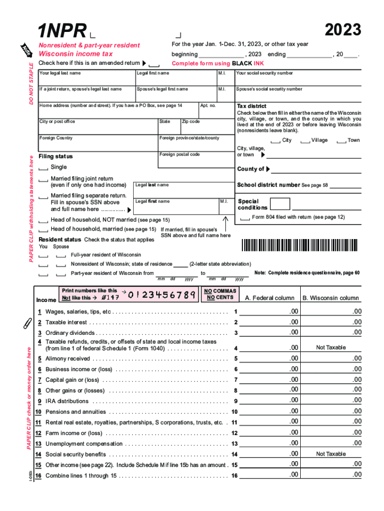 I 050 Form 1NPR Nonresident &amp;amp; Part Year Resident Wisconsin Income Tax