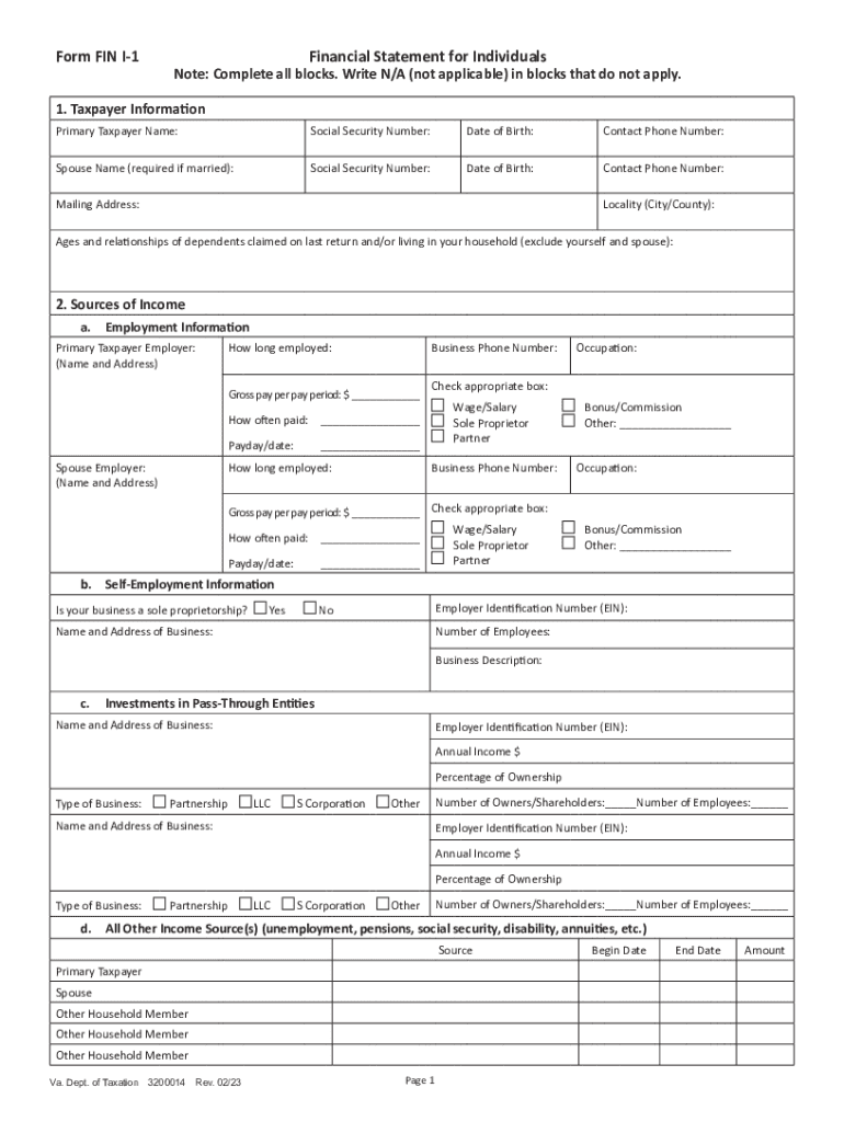 Form FIN 1 Financial Statement for Individuals Virginia Financial Statement for Individuals Form FIN 1