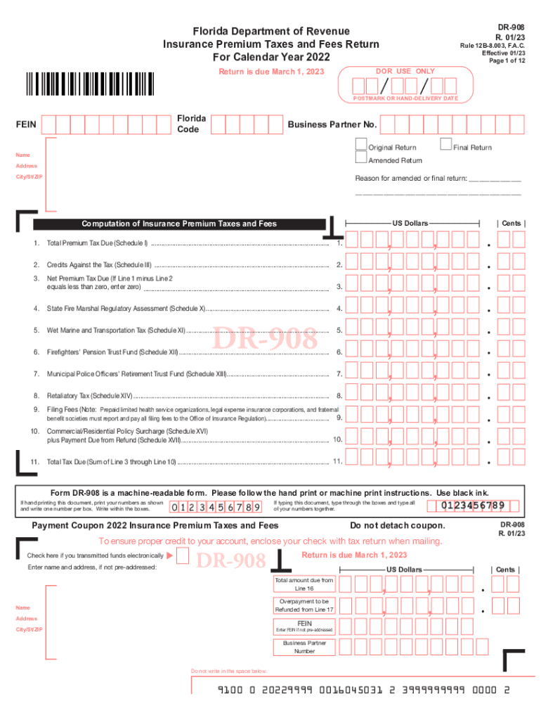  DR 908 Florida Insurance Premium Taxes and Fees Return 2022