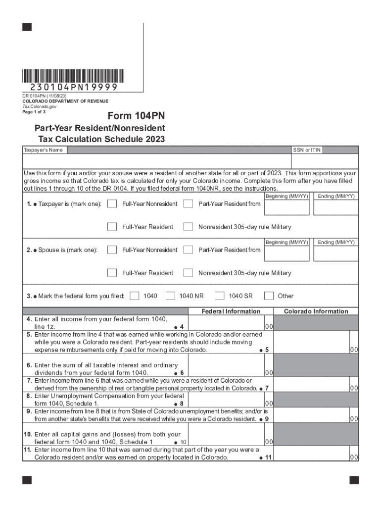 DR 0104PN, Part Year ResidentNonresident Tax Calculation Schedule  Form