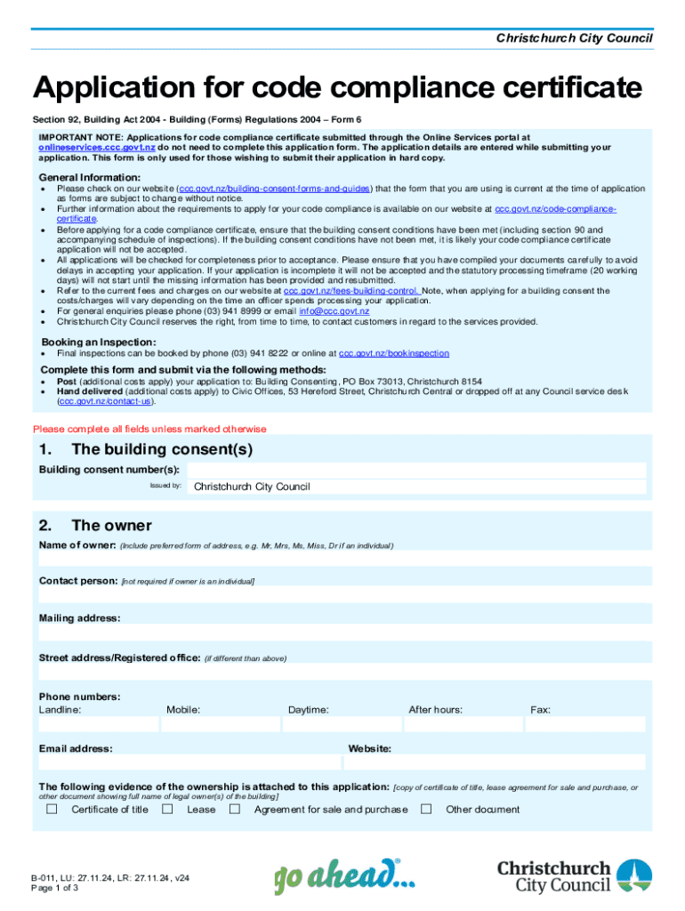  Christchurch Code Compliance Certificate Application 2024-2026