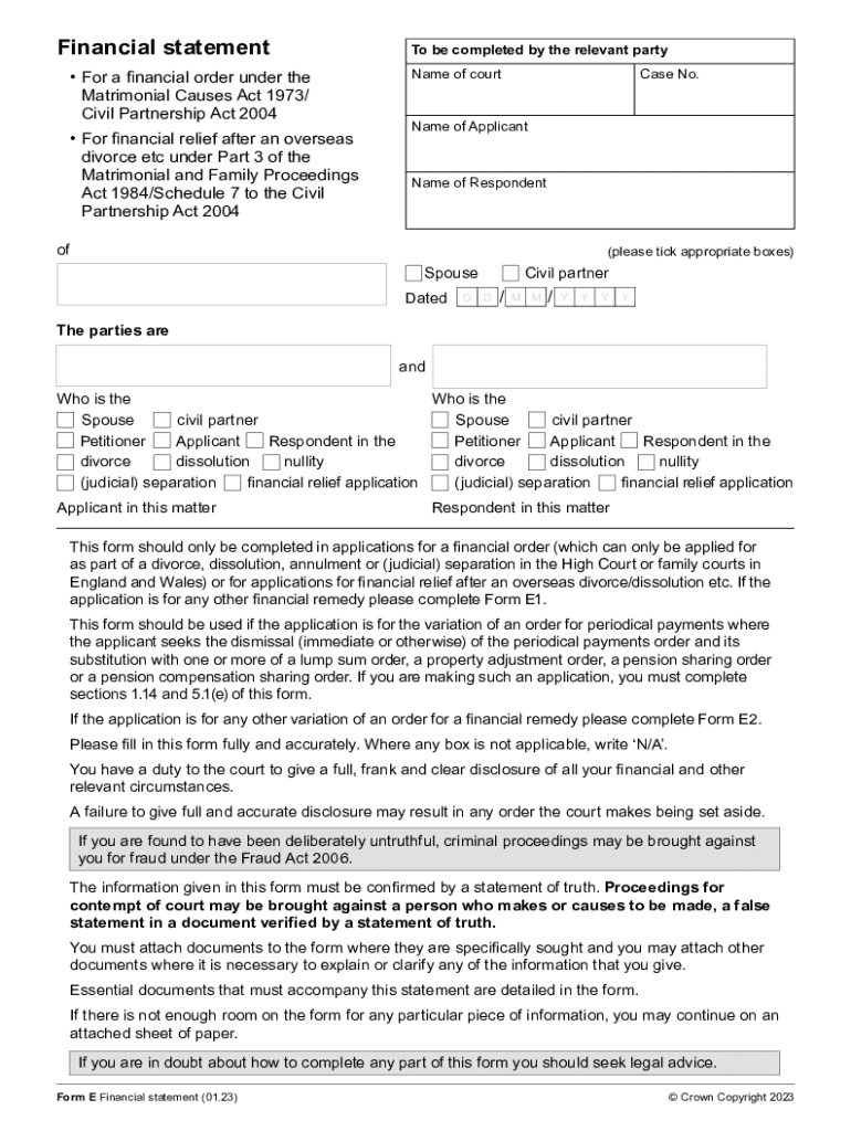 Form E Financial Statement
