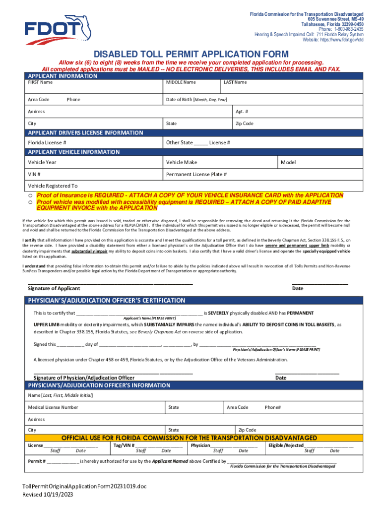 Fillable Online Dot State Fl Disabled Toll Permit  Form