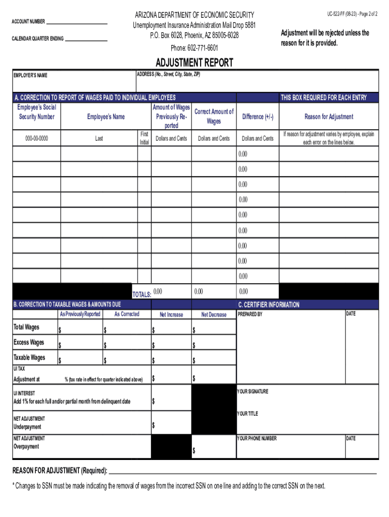UC 522 FF Adjustment Report  Form