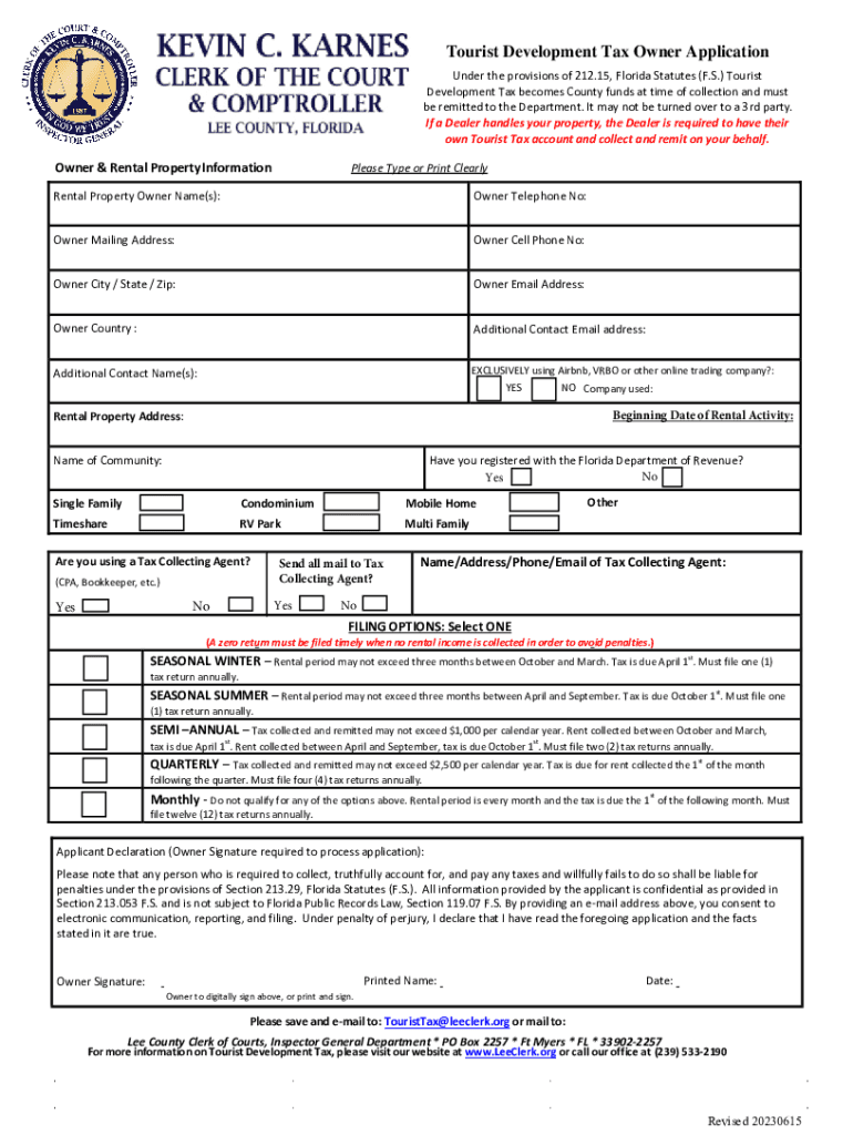 Get FL Tourist Development Tax Owner Application Lee County  Form