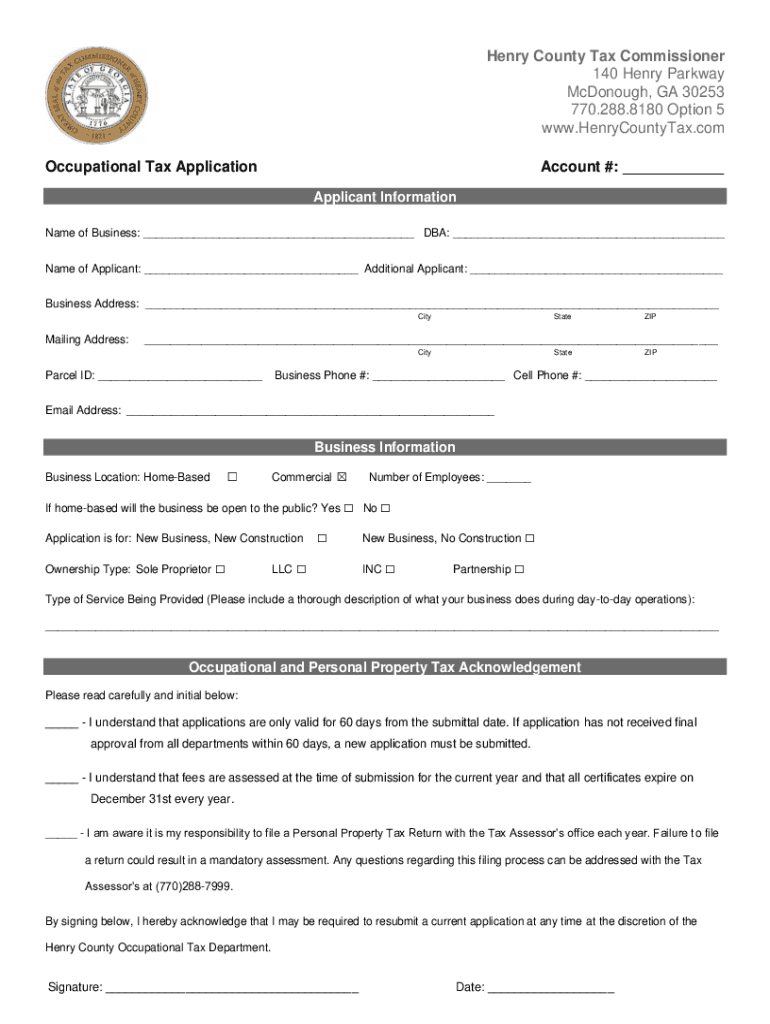 Home Based Occupational Tax Application  Form