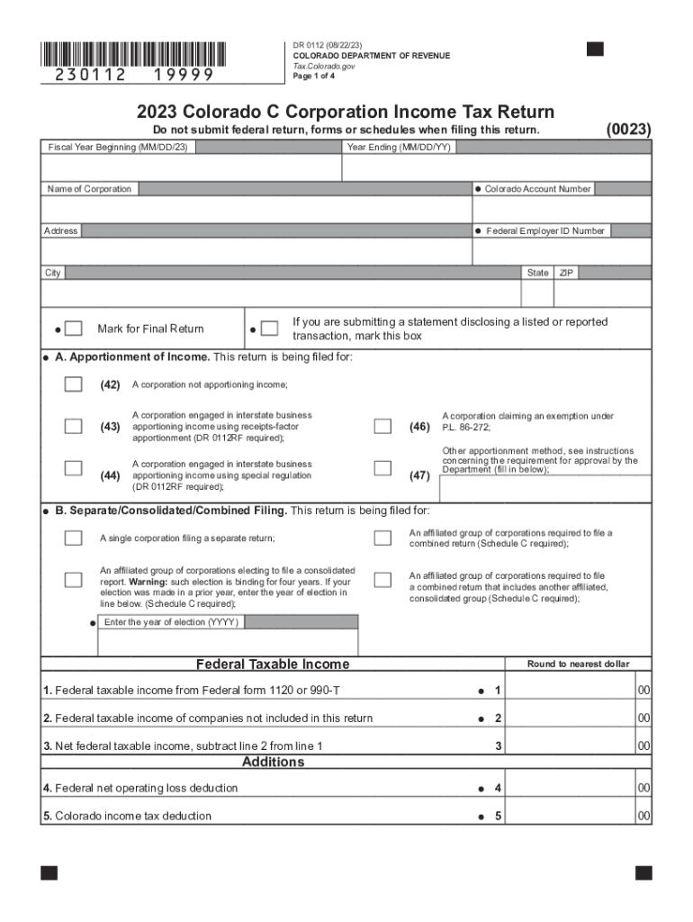 DR 0112 Colorado C Corporation Income Tax Return  Form