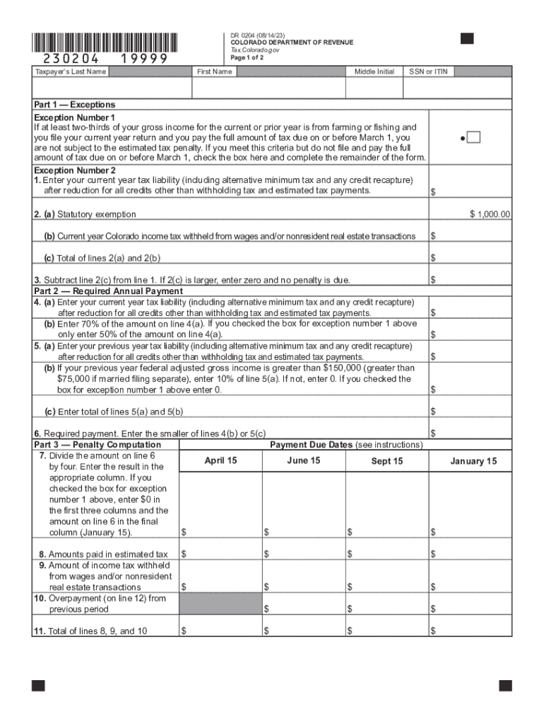 DR 0204 Tax Year Ending Computation of Penalty Due Based on Underpayment of Colorado Individual Estimated Tax If You Are Using a  Form