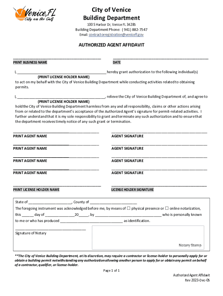 Affidavit Authorized Agent  Form