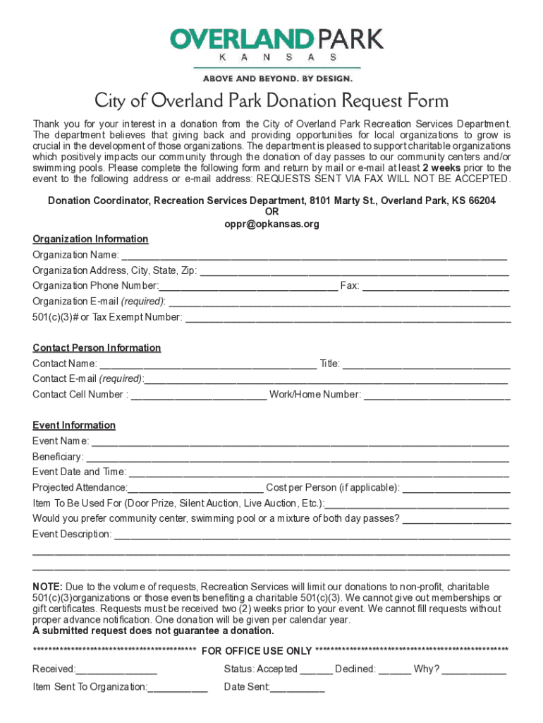 City of Overland Park Donation Request Form